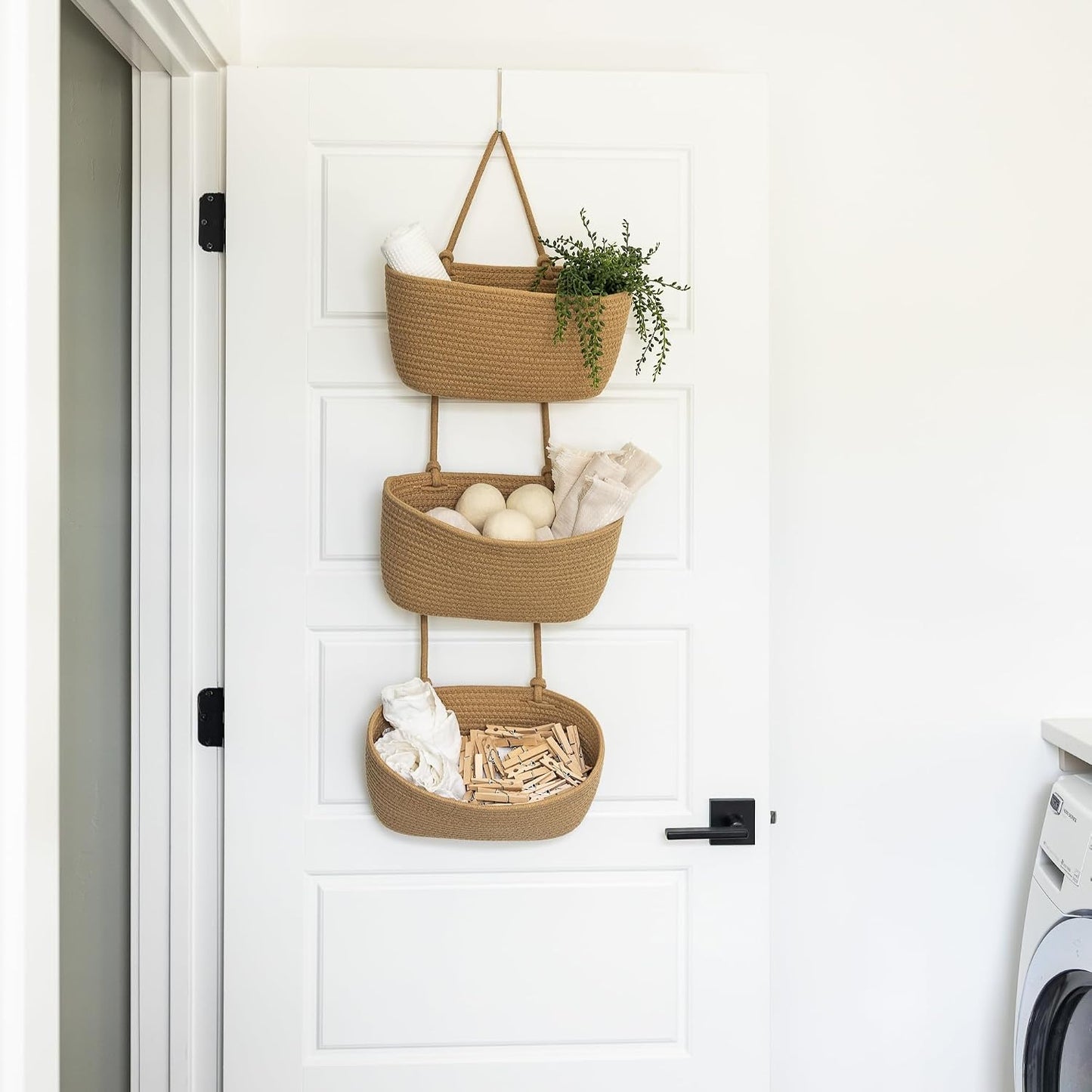 3-Tier Over the Door Hanging Basket (Set of 2) Adjustable, Detachable Woven Storage Baskets with Wall and Door Hooks - Decorative Boho Organizer for Nursery, Playroom, Bedroom, Kitchen, Apartment