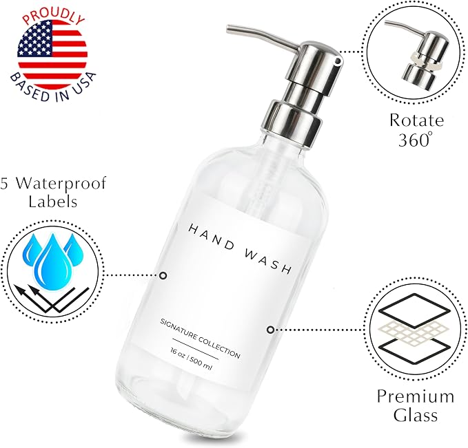 Emerson Essentials Glass Soap Bottle Dispensers, 2 Pack, Stainless-Steel Pumps - Image 3