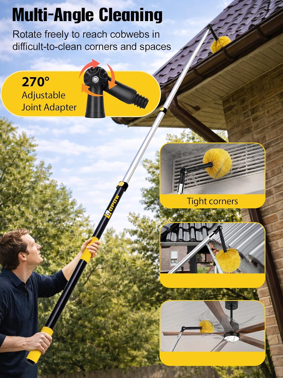 20ft High Reach Cobweb Duster with 5-12ft Extension Pole and 2 Brush Heads | Spider Web Brush with Aluminum Telescopic Pole,Webster Cobweb Duster with Universal Joint,Web Remove Tool for Indoor &Outdoor
