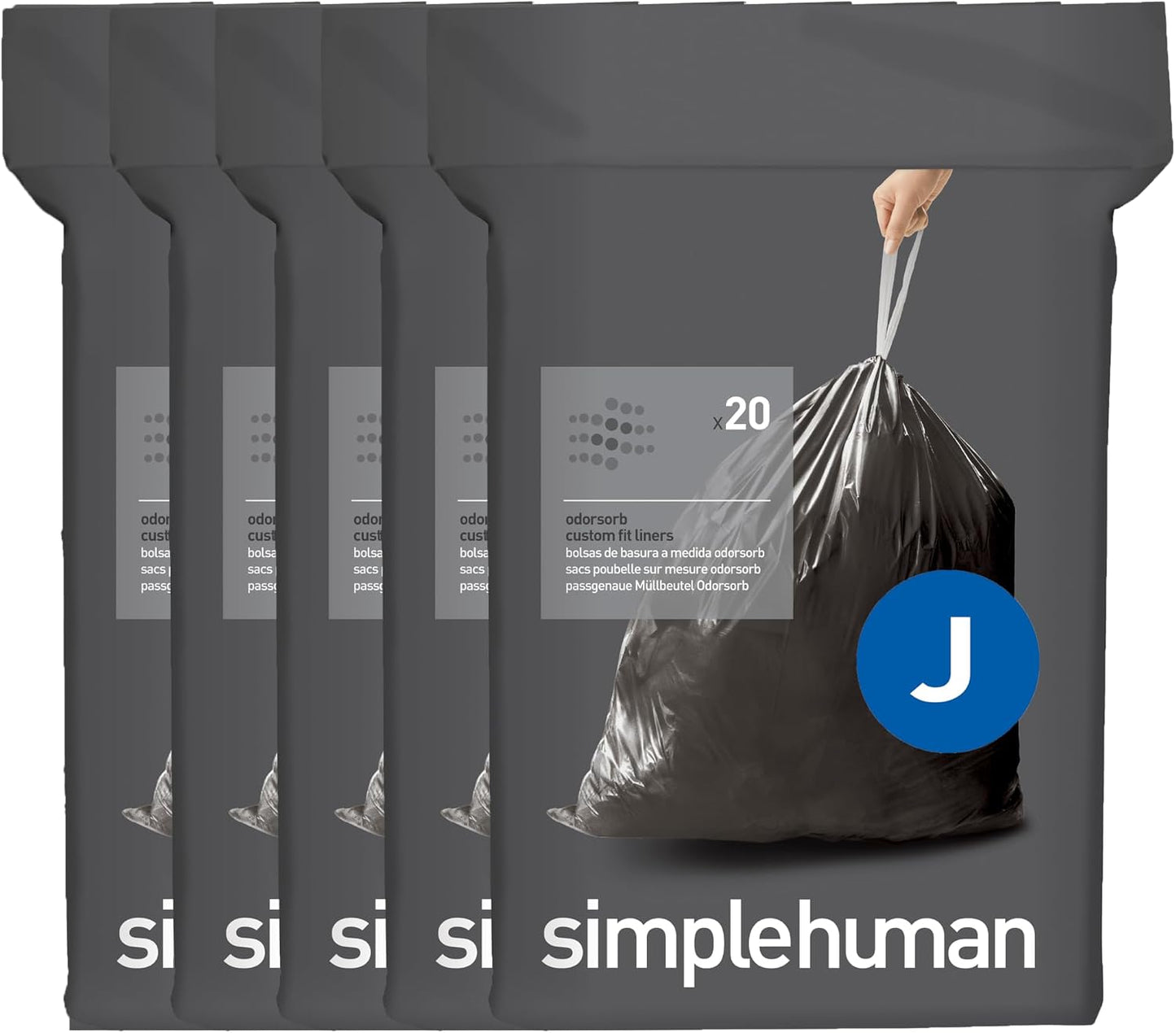simplehuman Code J 100 Count Odorsorb® Custom Fit Liners, Drawstring Odor Absorbing Trash Bags, One-by-One Mess-Free Dispense, Extra Thick & Double Seamed, 50% PCR Plastic, 38-45 Liter / 10-12 Gallon