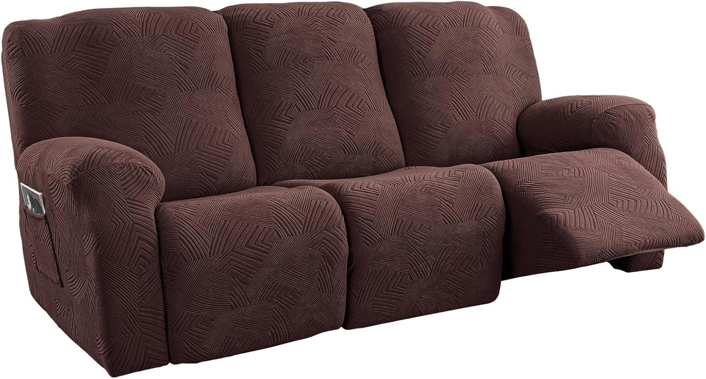 5-Piece Recliner Sofa Covers,Stretch Geometric Strokes Jacquard Recliner Sofa Slipcovers,Seamless Furniture Protector with Pocket,Soft Breathable Couch Cover,3 Seater Chocolate