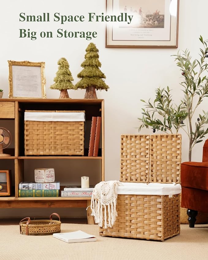 Storage Basket with Lid Woven Wicker Baskets with 2 Separate Lid, 9.2 Gallon - Image 6