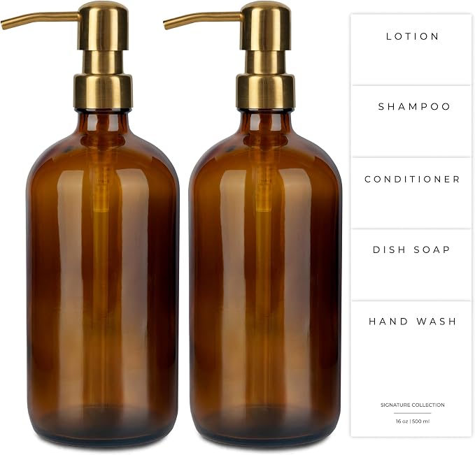 Emerson Essentials Glass Soap Bottle Dispensers, 2 Pack, Stainless-Steel Pumps by Emerson+Essentials