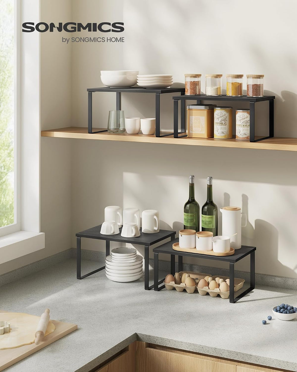 SONGMICS Cabinet Organizer Shelf, Set of 2 Kitchen Counter Shelves, Kitchen S...