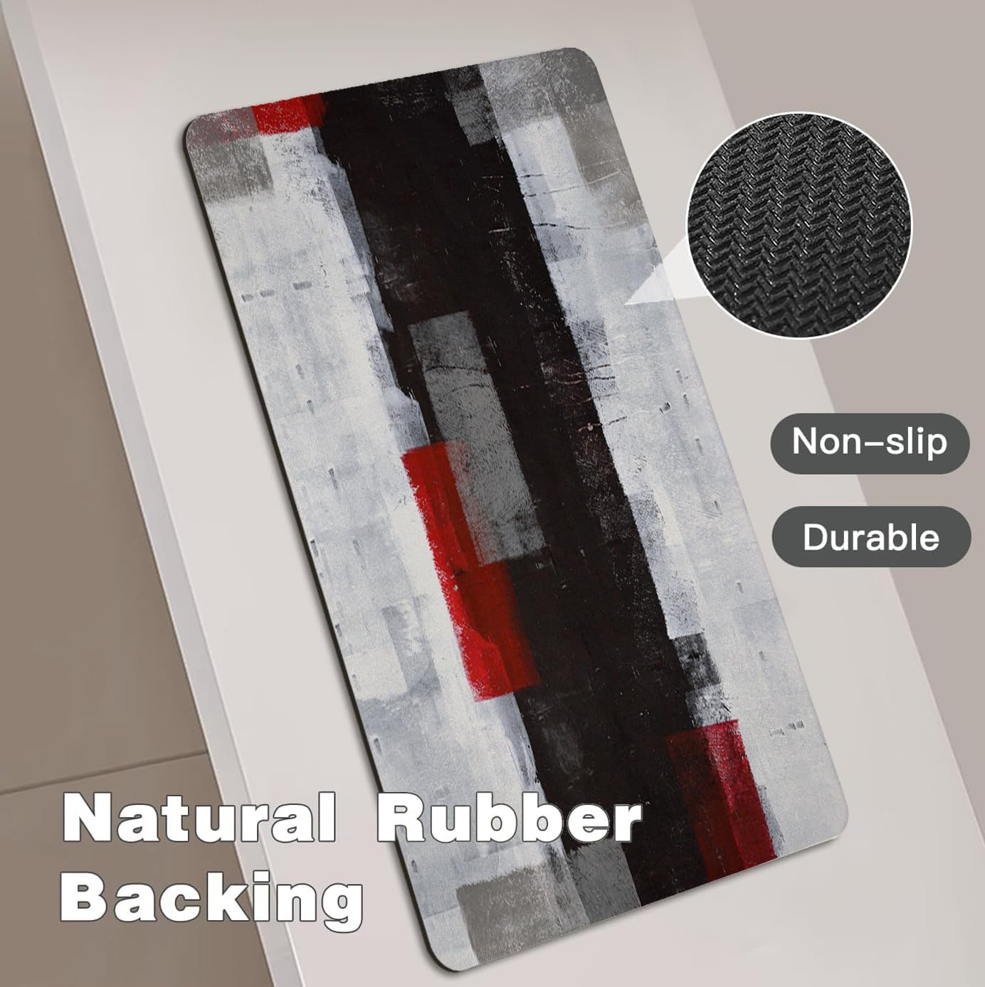 Extra Long Bath Runner Rug, Black and Grey Red Abstract Art, Non Slip with Rubber Backing, Thin Absorbent Quick Dry, Bath Mats for Bathtub Bathroom, 15.7x47.2 Inch
