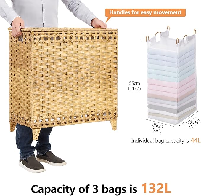 Laundry Hamper with 3 Removable Liner Bags; 132L Handwoven Rattan Laundry