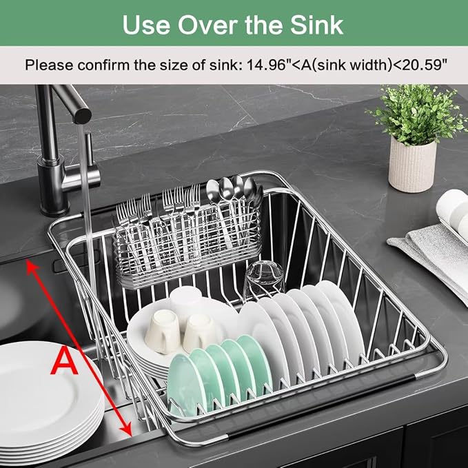 Large Sink Dish Drying Rack, Expandable 304 Stainless Steel Metal Dish Drainer - Image 3