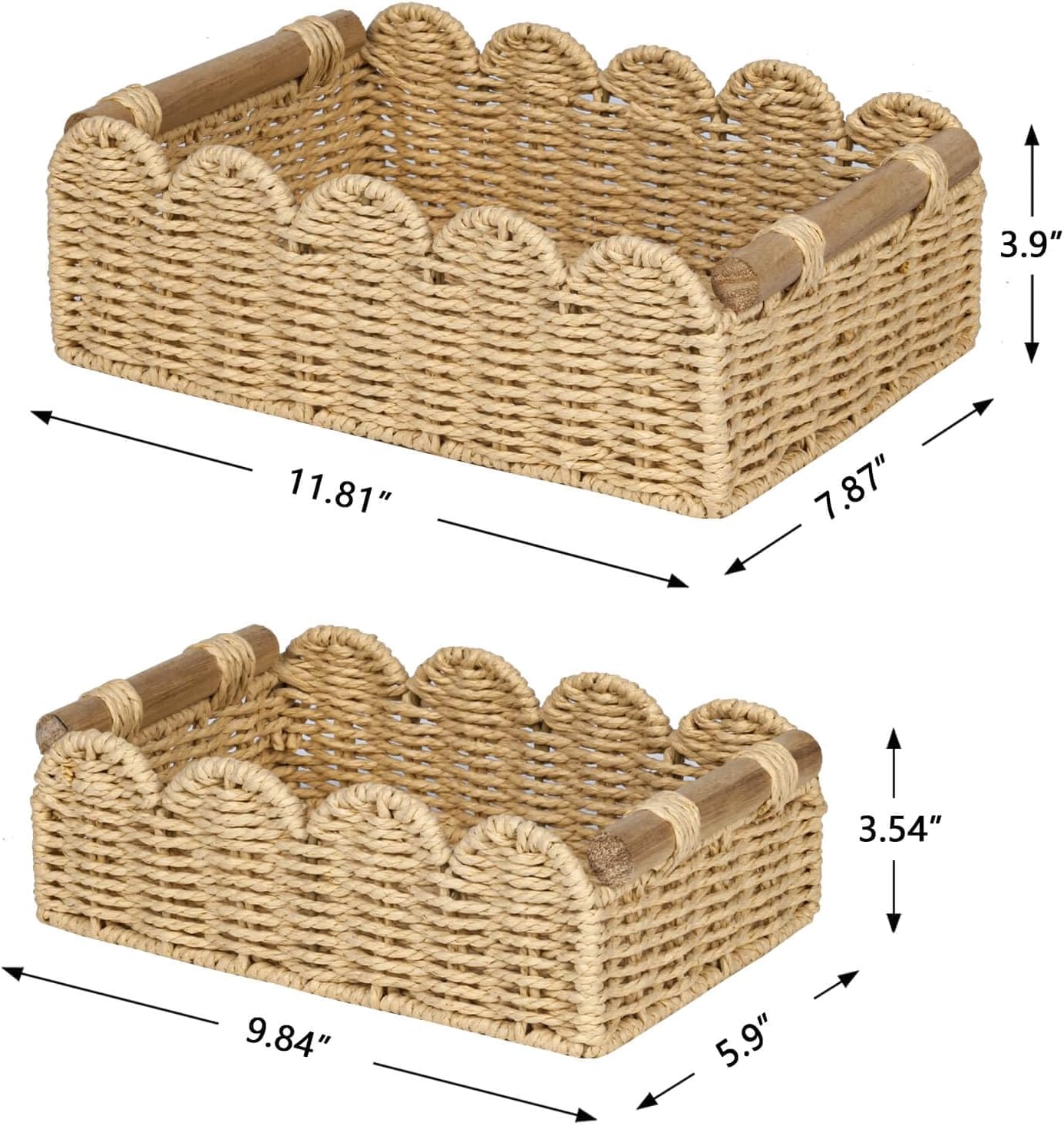 CubesLand Scalloped Toilet Paper Storage Basket for Over Toilet Shelves | Decorative Wicker Organizer Basket Perfect for Home Countertop Storage, Small Basket, Living Room Shelf Decor, Beige