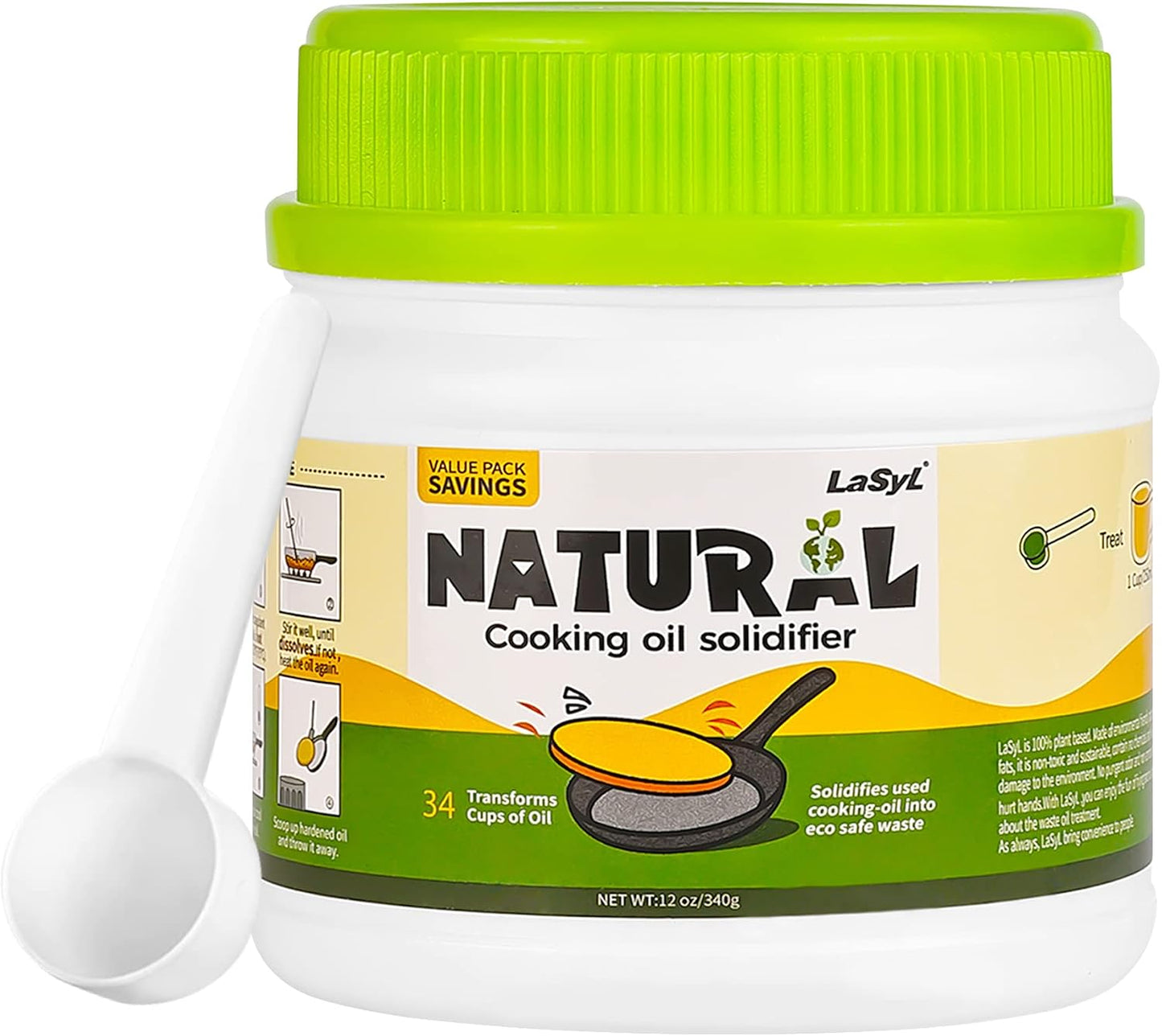LaSyL Natural Cooking Oil Solidifier Powder, Harden Up to 2.25 Gallon of Fry Oil Away from Mess, 100% Plant-Based Hardener for Disposal, Value Pack 12 Oz