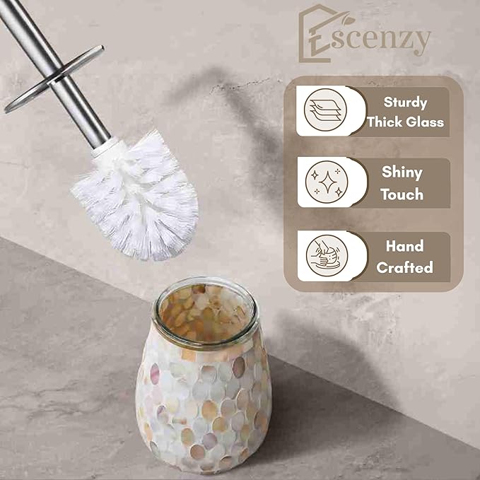 Escenzy Modern Toilet Brush and Holder Set | Natural Shell Mosaic Glass | - Image 4