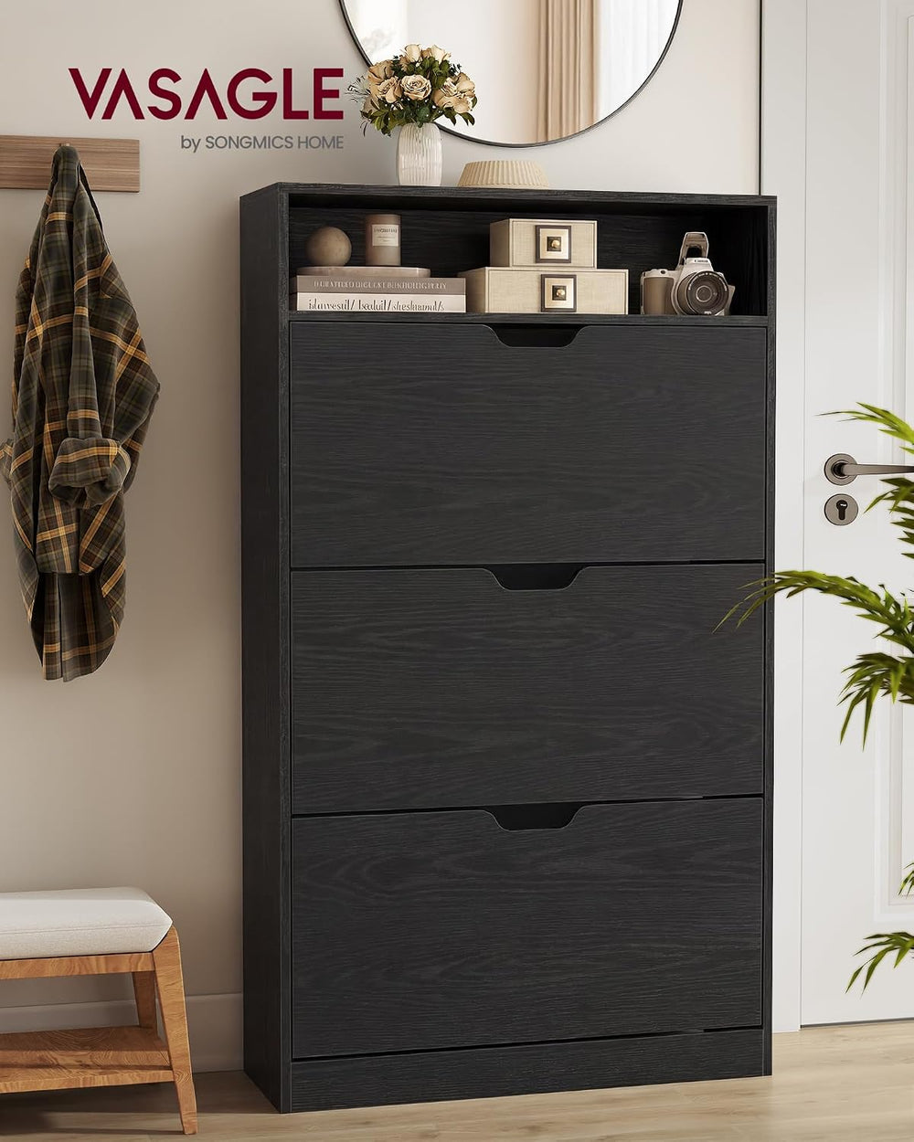 VASAGLE Shoe Cabinet with 3 Flip Drawers, Holds up to 24 Pairs of Shoes