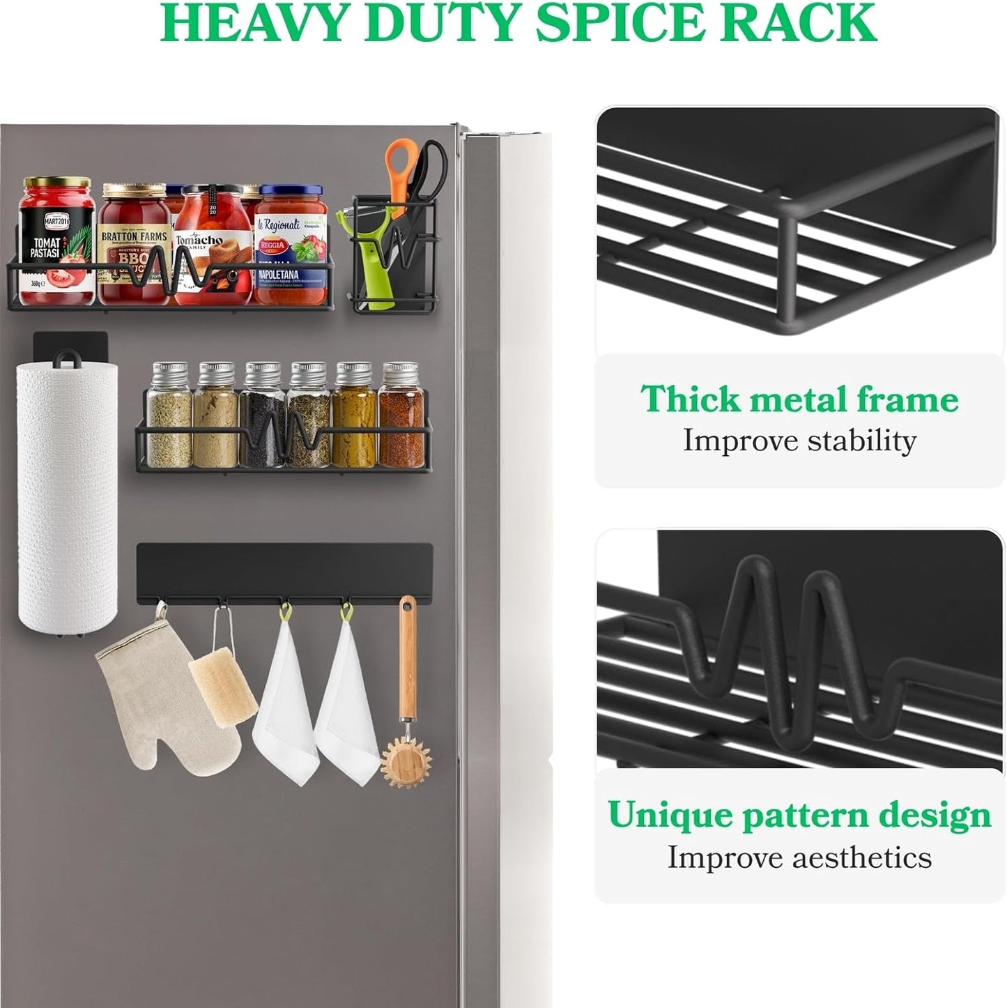 5-Pack Magnetic Spice Rack for Refrigerator, Black | Heavy Duty Magnetic Shelf, Paper Towel Holder Included, Utensils Racks & Hook Rail, Home Kitchen Laundry Room RV Storage