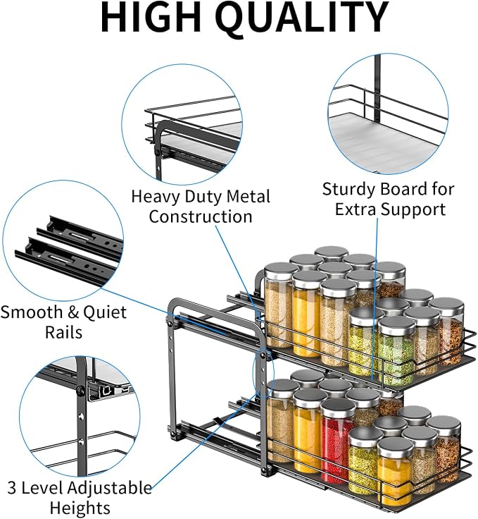 RCHYFEED Spice Rack, 2 Tier Pull out Cabinet Spice Organizer, Height Adjustable - Image 5