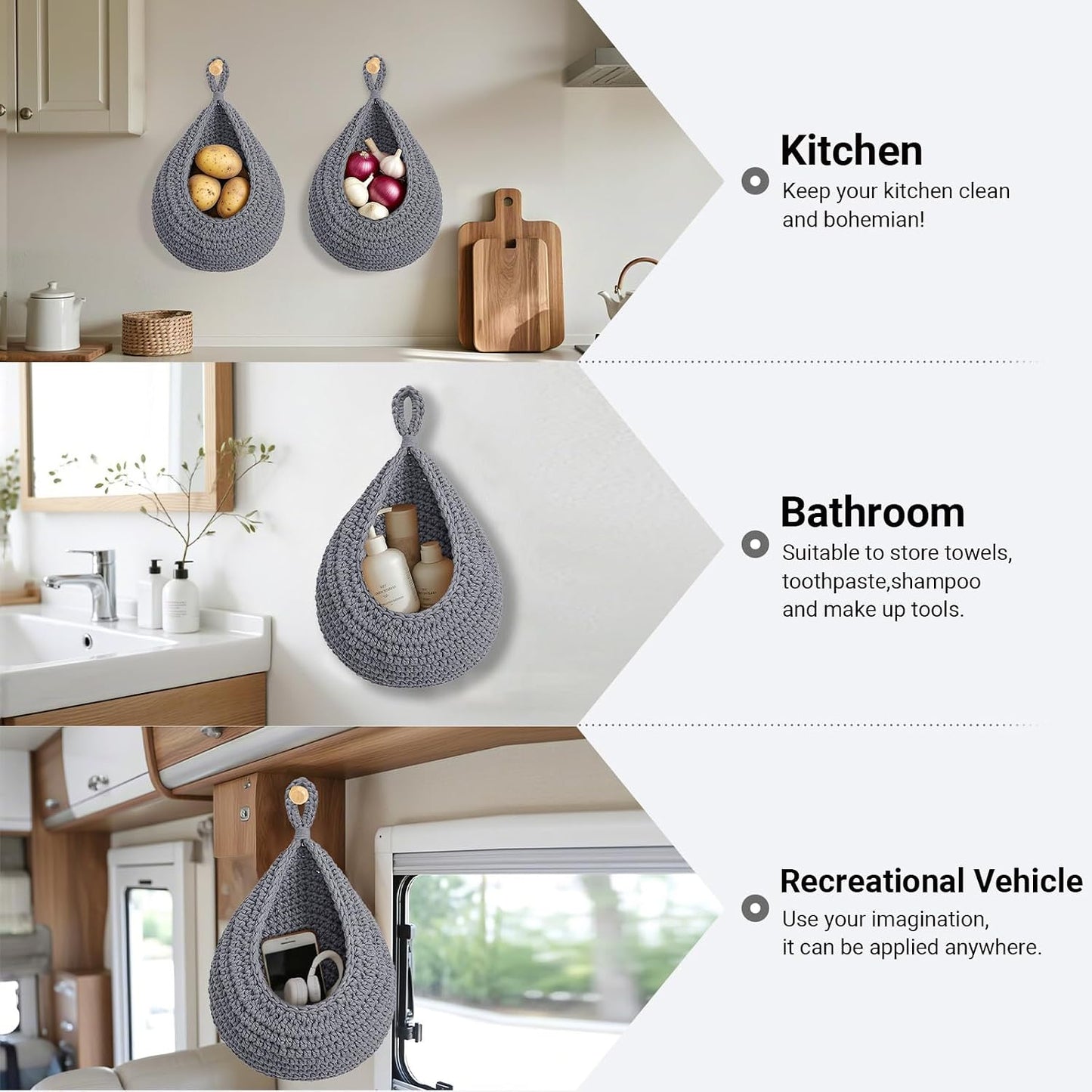 Halidali Hanging Fruit Baskets for Kitchen, 3 Pack Wall Storage Organizer | Boho Cotton Rope Handwoven Vegetable Basket for Farmhouse Decor, Storage Onion, Potato, Garlic