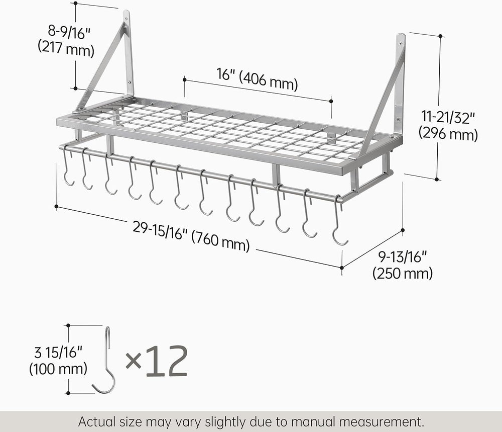 KES 30-Inch Silver Gray Pot Rack with 12 Sturdy Hooks, Wall Mounted
