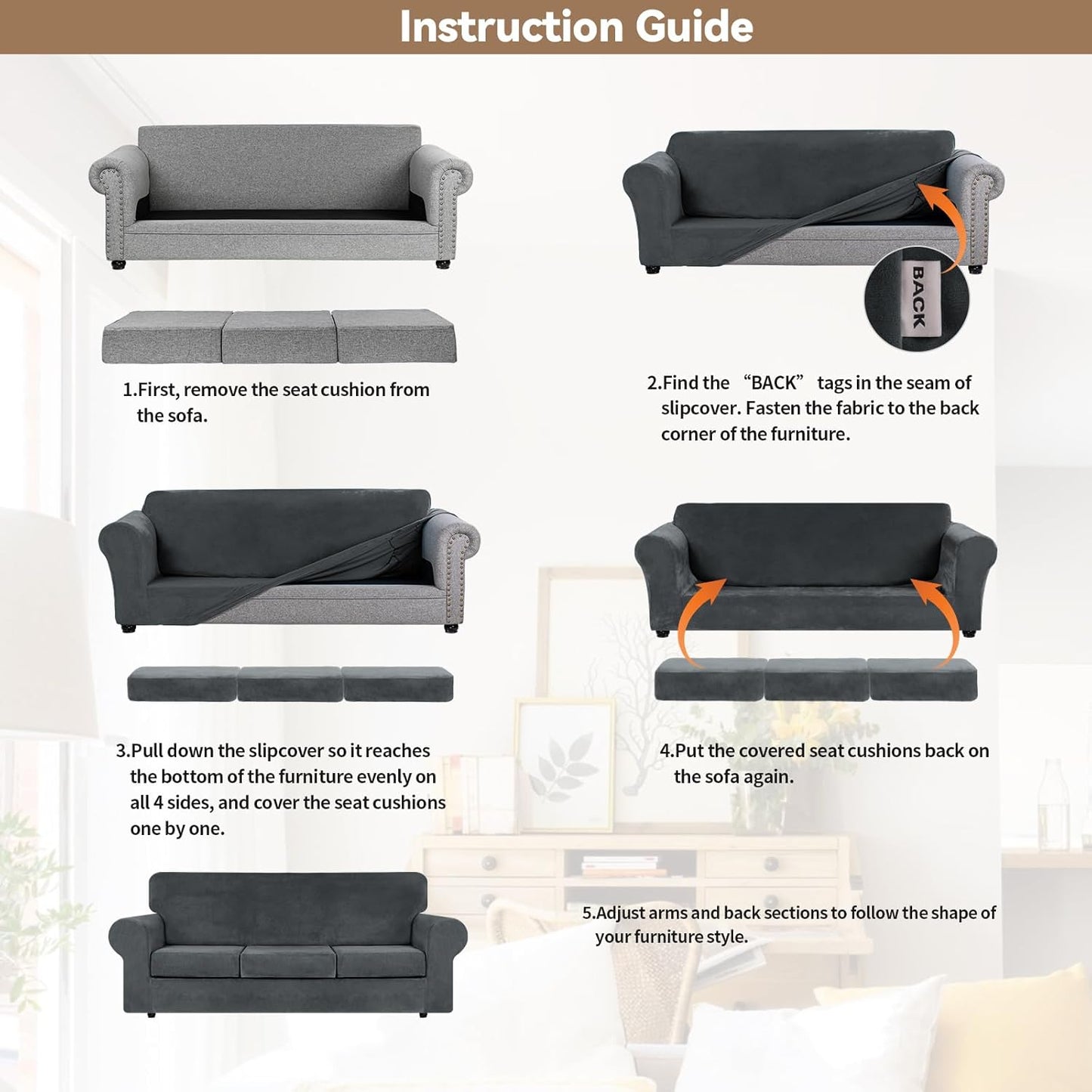 WEERRW 4 Pieces Velvet High Stretch Couch Covers for 3 Cushion Sofa Slipcovers, Washable Furniture Protector with Non Slip Elastic Bottom, Feature Soft and Thick Plush Fabric, Dark Grey, Large