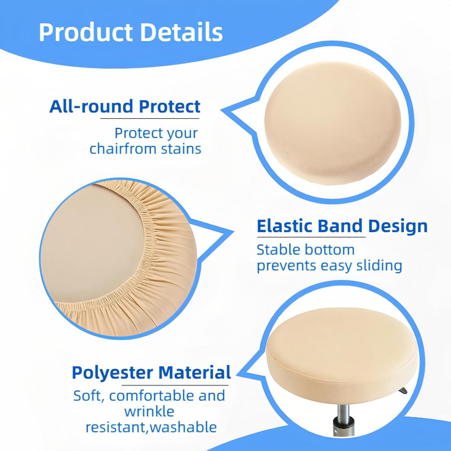 4-Pack Round Stool Covers, 16-18 Inch Bar Stool Cushion Covers, Elastic Washable Dustproof Stool Covers, Suitable for Decoration in Bars, Kitchens, Cafes and Offices, Beige