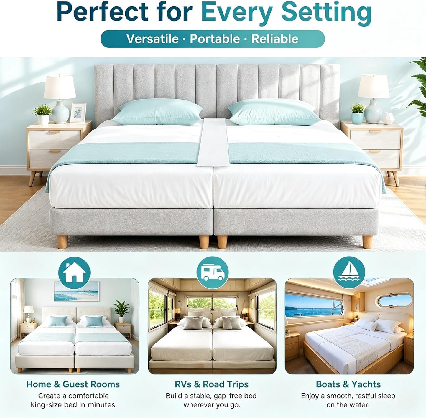 Bisenkud Twin Bed Connector Kit for King Bed, Seamlessly Join Two Twin XL Beds into One King, Bed Gap Filler with Integrated Sheet, Non-Slip Corner Straps, Washable Cover for Guest Room & RV