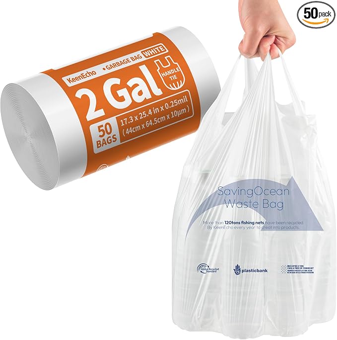 Small Trash Bags with Handles 2 Gallon 50 Count White by KeenEcho