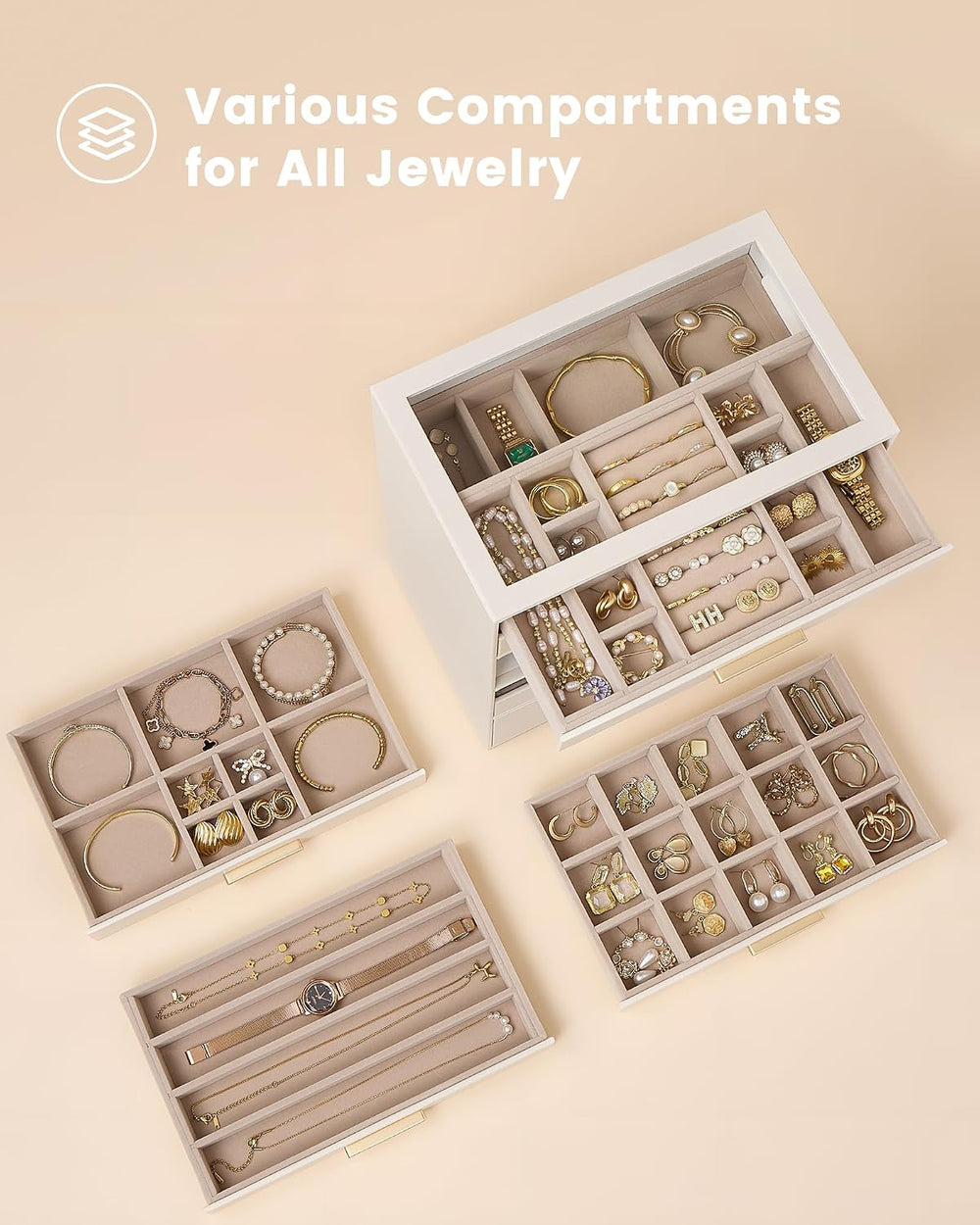 Lolalet Jewelry Box Organizer, 8-Layer Jewelry Storage Case -Beige