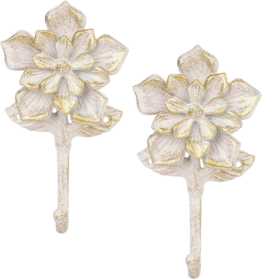 Sungmor 2 Pack Cast Iron Coat Hooks - Flower Shaped& Rustic White