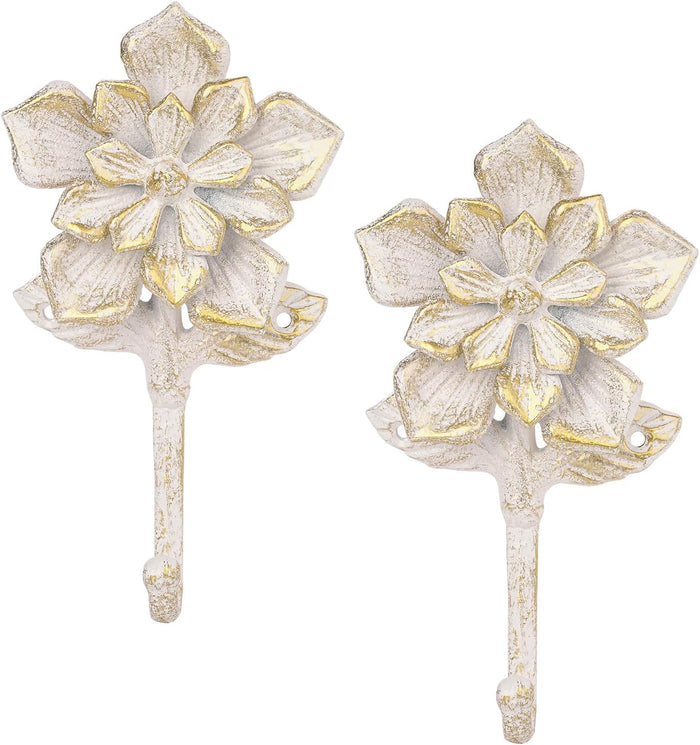 Sungmor 2 Pack Cast Iron Coat Hooks - Flower Shaped& Rustic White