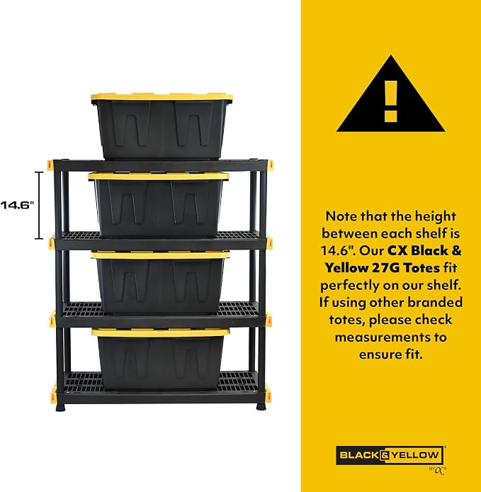 BLACK & YELLOW, 4-Tier Heavy Duty Plastic Storage Shelving Unit, 200lbs/shelf - Image 3