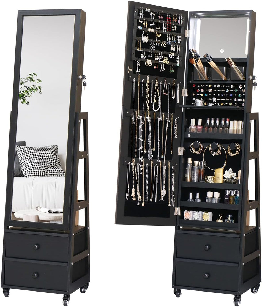 Standing Jewelry Armoire Cabinet Lockable Full Length Mirror with Drawer