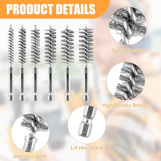 6Pieces Wire Brush Drill Bore Cleaning Brushes Set, - Image 3