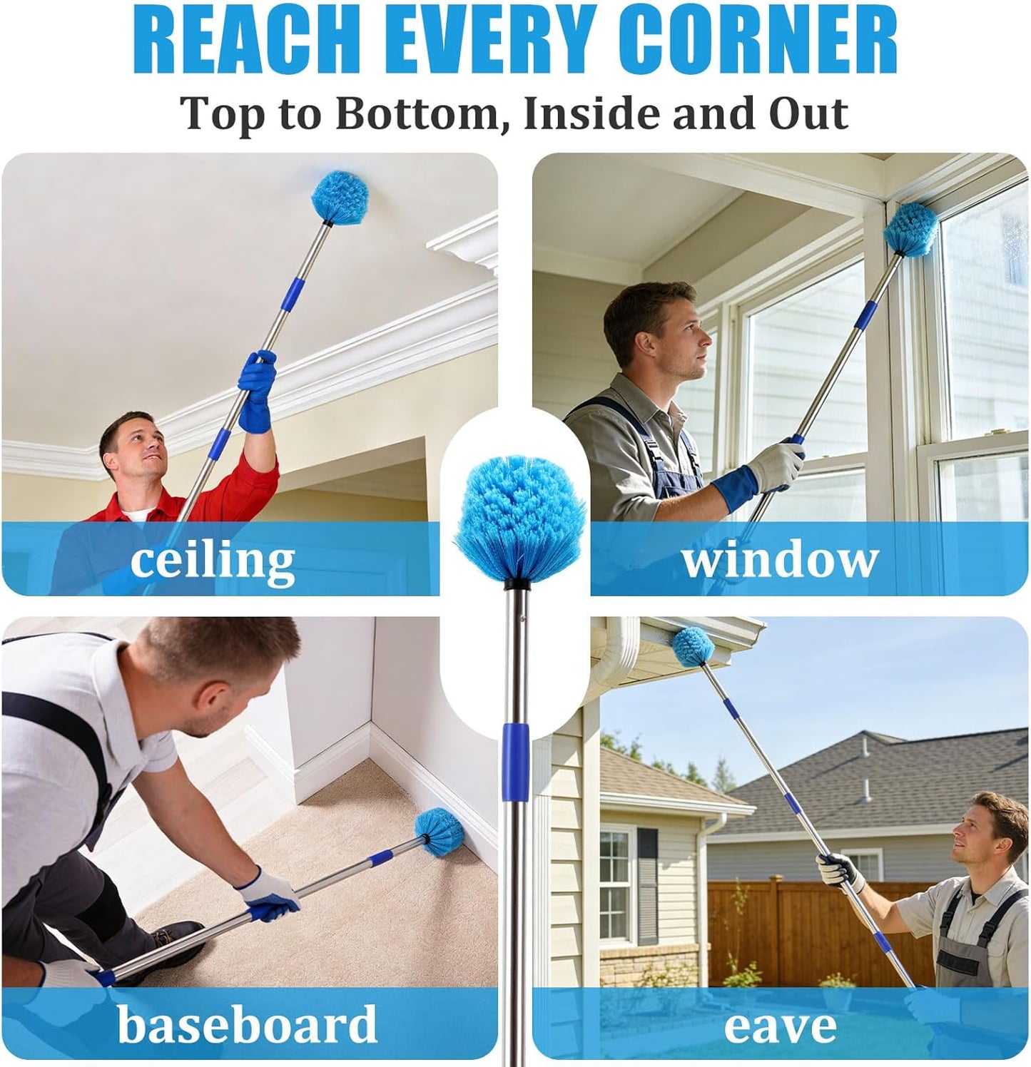 Cobweb Duster with Extension Pole - 6 FT Lightweight Stainless Steel Extendable Duster Ceiling Fan Duster for High Ceilings, Medium Stiff PET Bristle Spider Web Brush for Indoor/Outdoor Cleaning