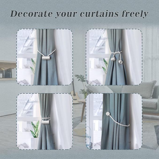 Hion Magnetic Curtain Tiebacks White 6 Pack, Curtain Tiebacks Buckles Holdbacks - Image 4