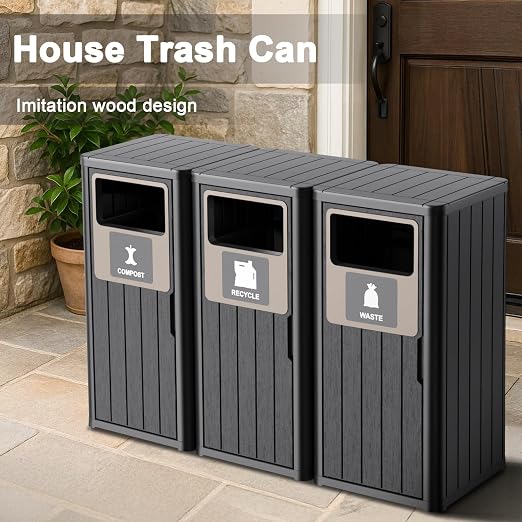 Outdoor Three Barrel Trash Can, Waterproof Resin Garbage Can - Image 4