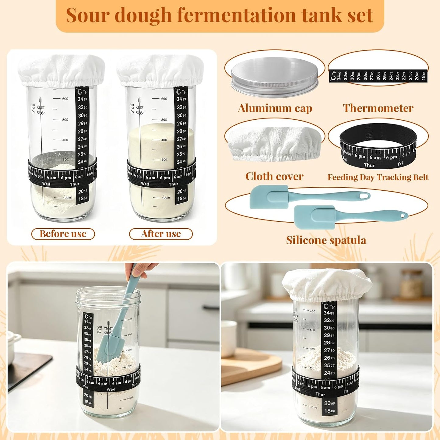 Sourdough Bread Baking Kit, Supplies with Round & Bread Proofing Basket, Starter Jar, Dough Whisk, Bread Lame, Dough Scraper, Storage Bag & Recipe Guide, Practical Baking for Home Baking Lovers