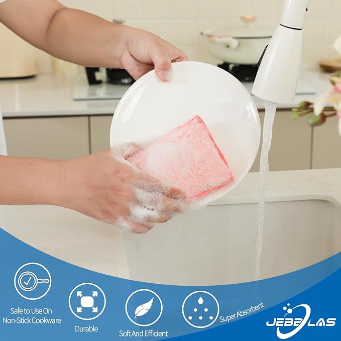 JEBBLAS Bamboo Natural Kitchen Sponges Dish Sponge Cleaning Sponge Heavy Duty - Image 3