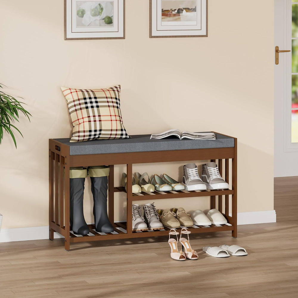 Shoe Rack Bench for Entryway, Bamboo Shoe Storage Bench with Cushion