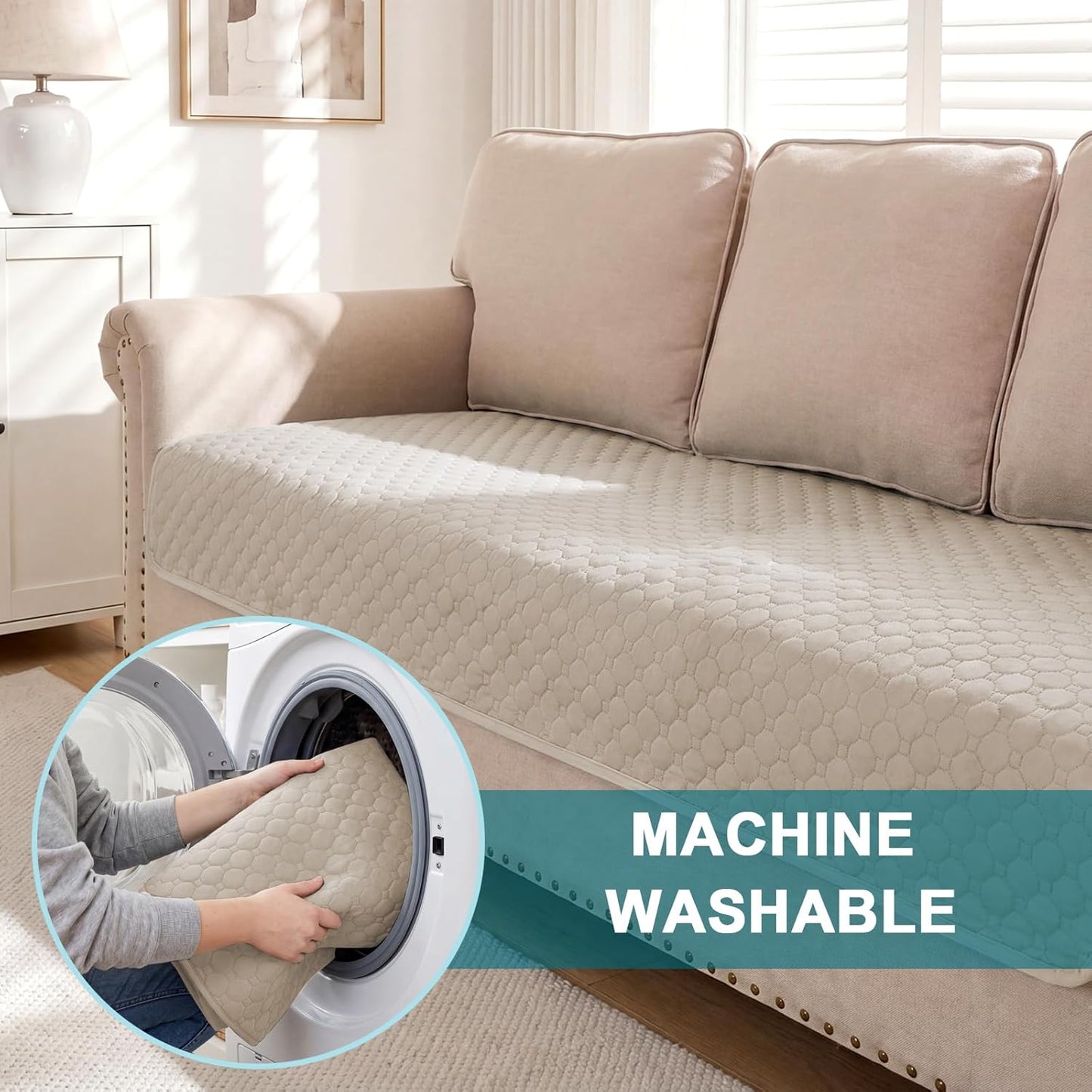 Turquoize Waterproof Couch Cover for Dogs Washable Sofa Cover with Non-Slip Backing Soft Sofa Slipcovers Pet Couch Cushion Protector for 3 Cushion Sofa, Sectional & Loveseat Cover (36x94, Beige)