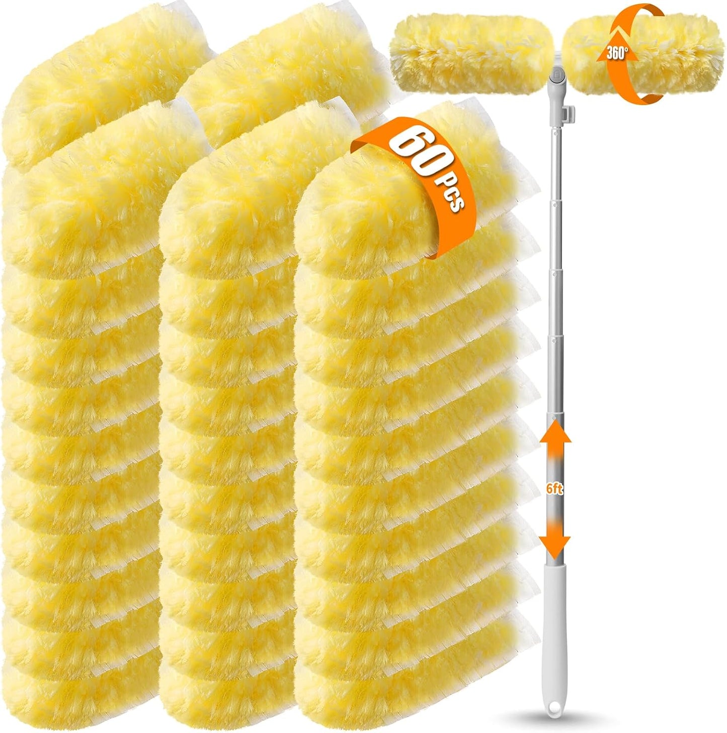 60 Count 360° Heavy Duty Duster Refills with 6 ft Extendable Handle, Compatible with Swiffer Duster, 4X Electrostatic Microfiber Disposable Duster Kit for Home, Office & High Reach Cleaning