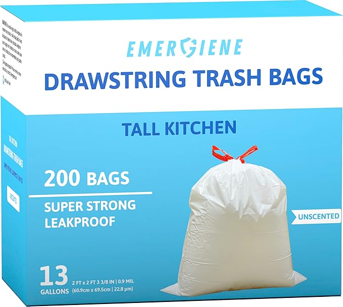 13 Gallon Drawstring Trash Bags, Unscented 200 Count Tall Kichen Garbage Bags by Emergiene