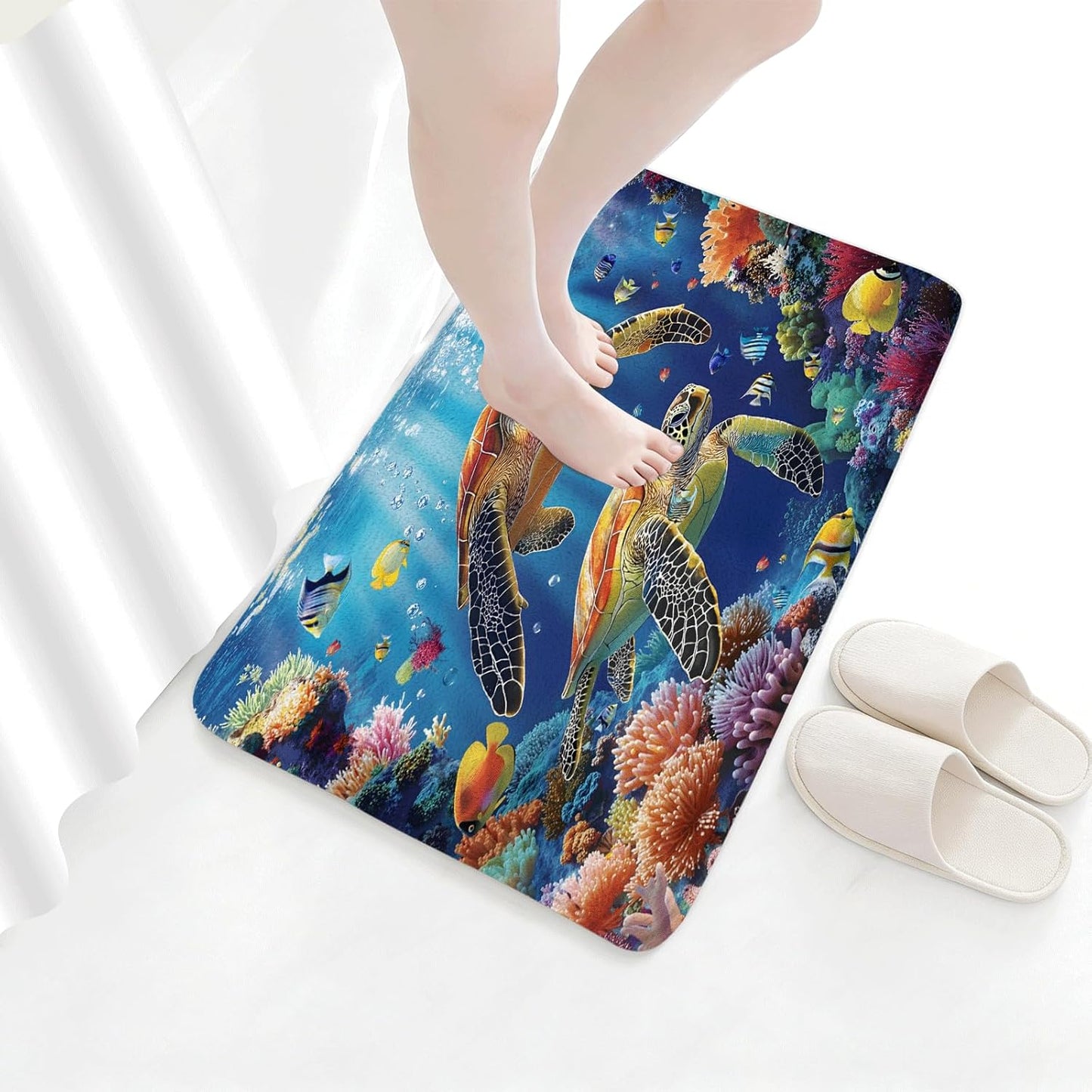 Sea Turtle Bath Mat Tropical Blue Ocean Animal Underwater World Coastal Fantasy Marine Life Fish Seabed in The Deep Sea Reef Bathroom Rug Toilet Doormat Floor Carpet Rugs Decor 17.8x29.5 Inch