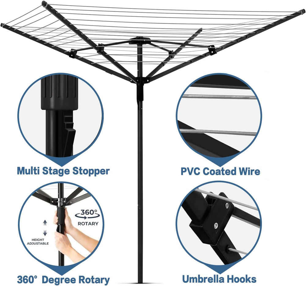 A-xctoe Rotary Outdoor Umbrella Drying Rack Adjustable Height Clothesline w/W...