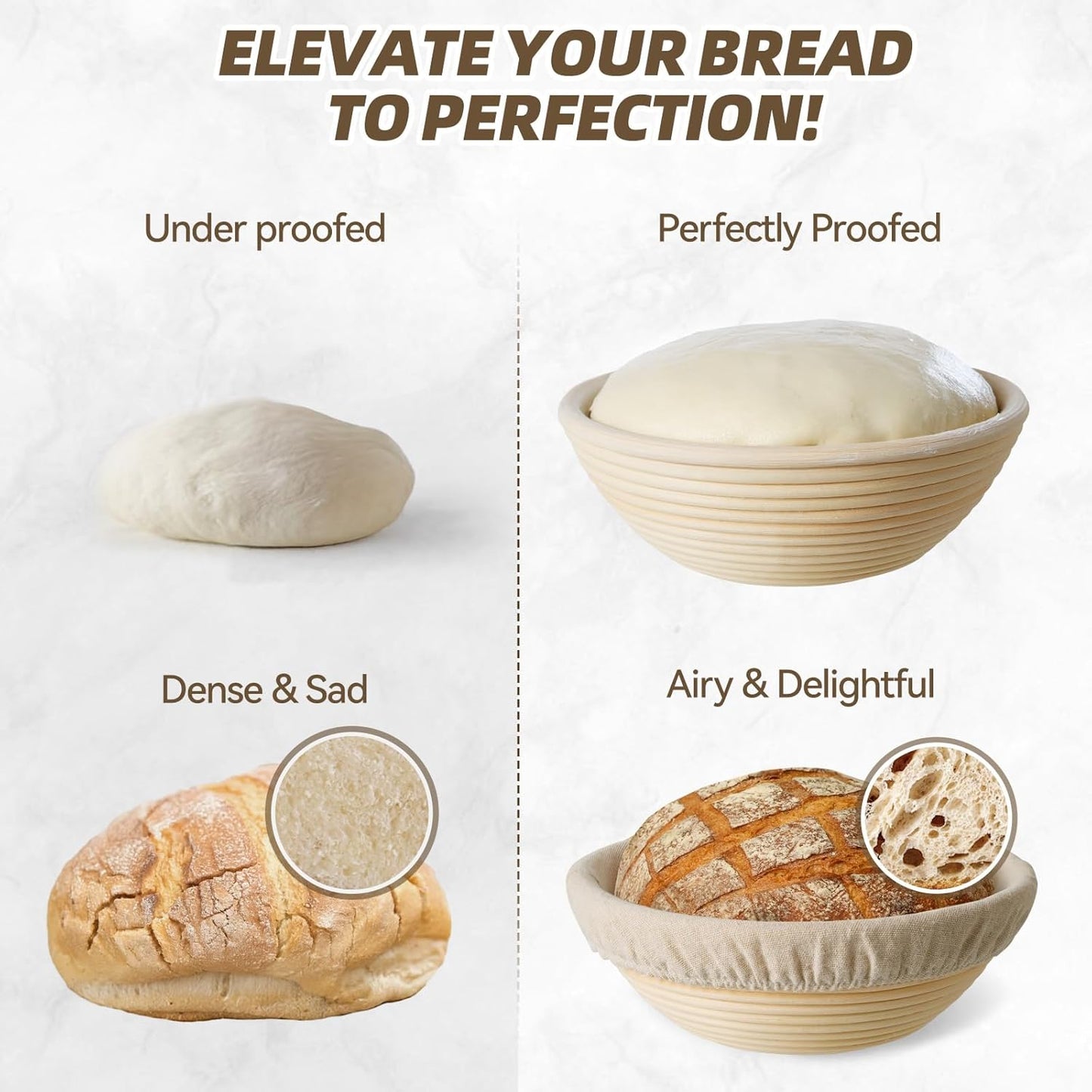 Kikcoin 9" & 10" Banneton Bread Proofing Basket Set, Round Banneton Basket for Sourdough Baking, Baking Supplies with Linen Liner, Bread Lame & Dough Whisk, Sourdough Proofing Tools
