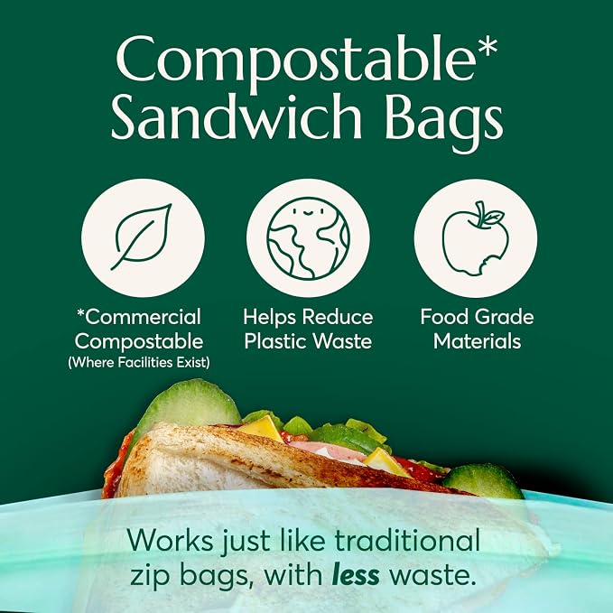 Cleanomic Compostable* Sandwich Size Food Storage Bags Freezer and Leak Proof - Image 2