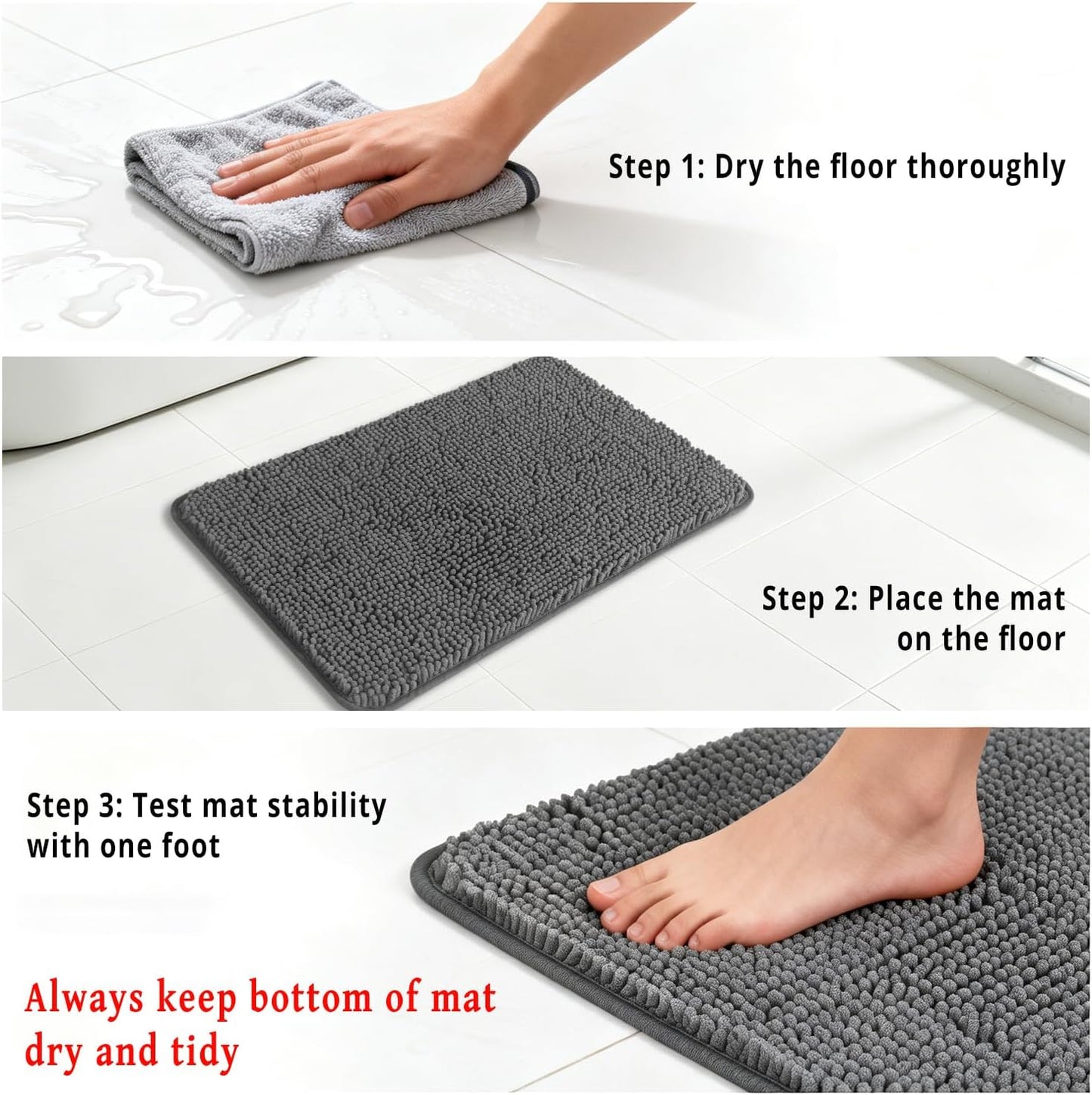 Small Bathroom Rug 12"x18" – Washable and Absorbent Bath Mat, Non Slip, Thick Soft Chenille Bath Rugs for Bathroom, Shower, Sink, Dog mat(Black)