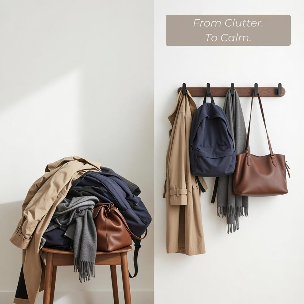Jugen Coat Rack Wall Mount – Solid Black Walnut with 5 Heavy Duty Matte Black...