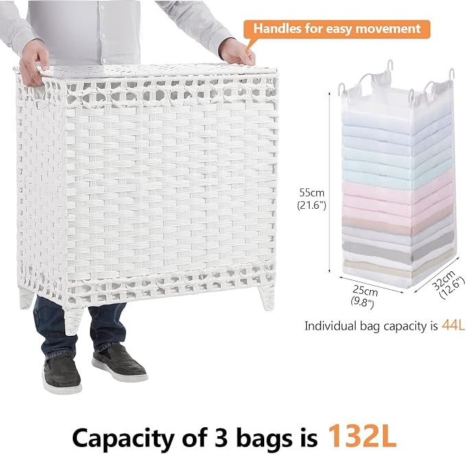 Laundry Hamper with 3 Removable Liner Bags; 132L Handwoven Rattan Laundry - Image 4