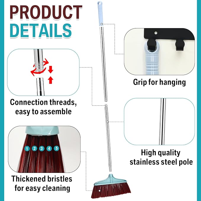 Lasnten 8 Pcs Heavy Duty Broom Commercial Set 49" Stainless Steel Detachable - Image 3