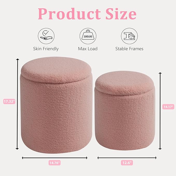 Round Ottoman with Storage Set of 2-Upholstered Sherpa Vanity Stool - Image 3
