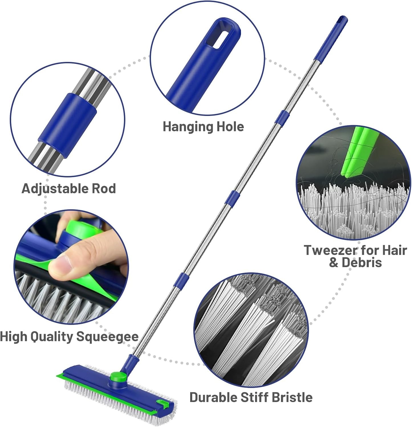 Floor Scrub Brush with Long Handle: 3 in 1 Heavy-Duty Floor Scrubber Brush with Squeegee for Cleaning Tile Bathroom Deck Kitchen Patio - Blue