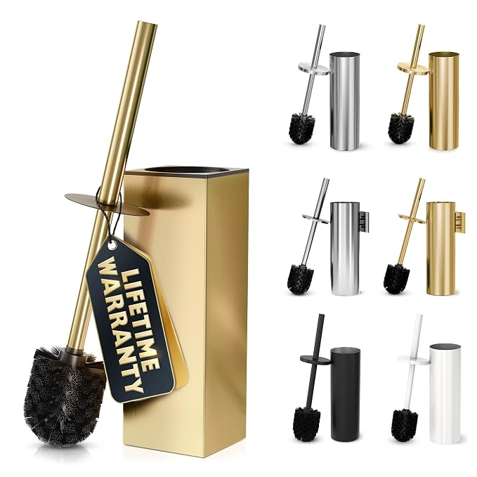 Stainless Steel Toilet Brush and Holder Set Gold & Square Design by Novsix