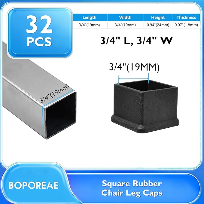32 Pcs 3/4" x 3/4" Square Rubber Chair Leg Caps, PVC Table Leg Covers, Flexible - Image 2